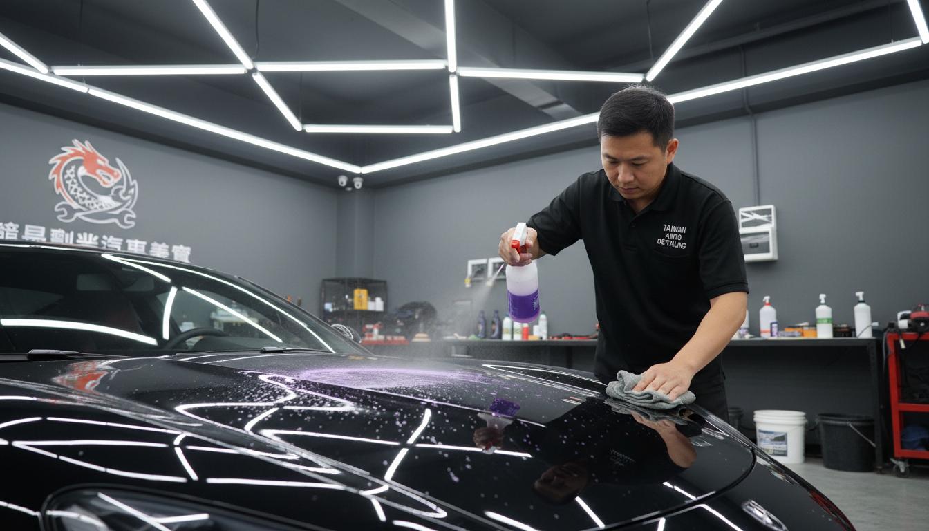 技師使用柏油去除劑清潔引擎蓋
