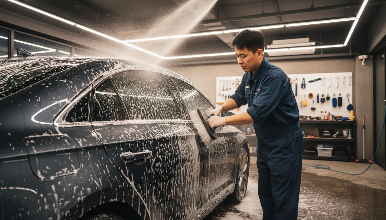 技師使用鬃毛刷手工清洗車身泡沫