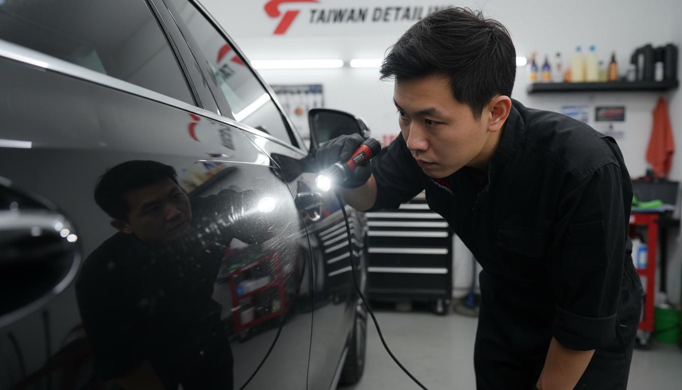 技師使用LED手電筒檢查漆面狀態