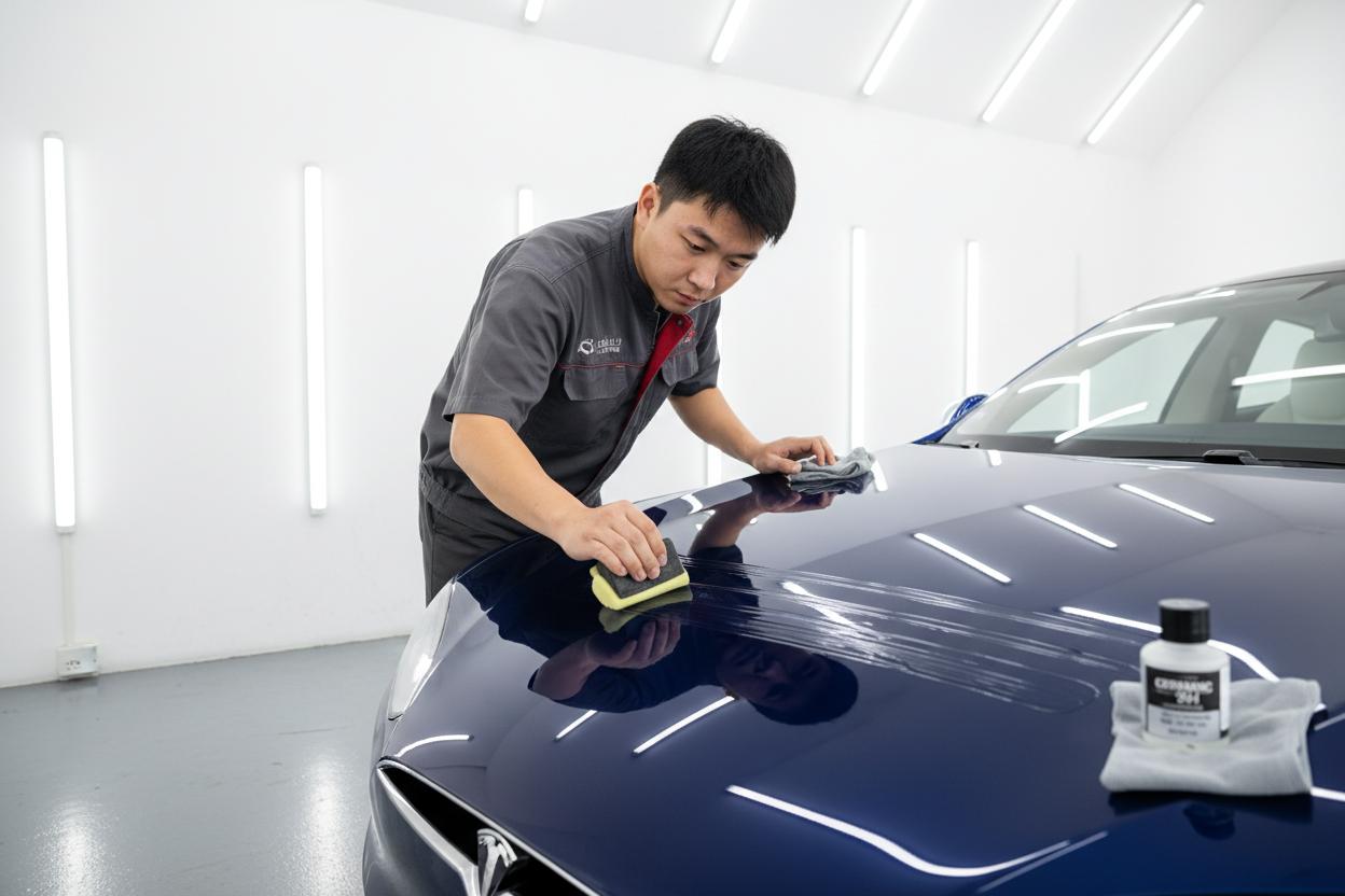 技師為車身進行鍍膜藥劑的均勻施工
