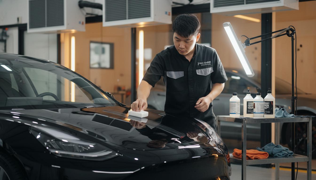 技師在無塵環境中為車身塗抹鍍膜液