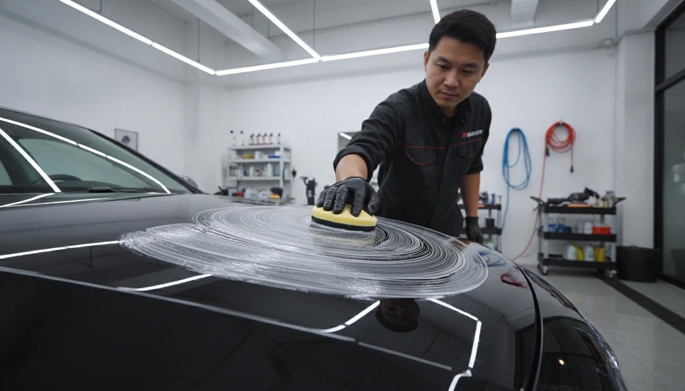 技師正在為車漆手工上蠟