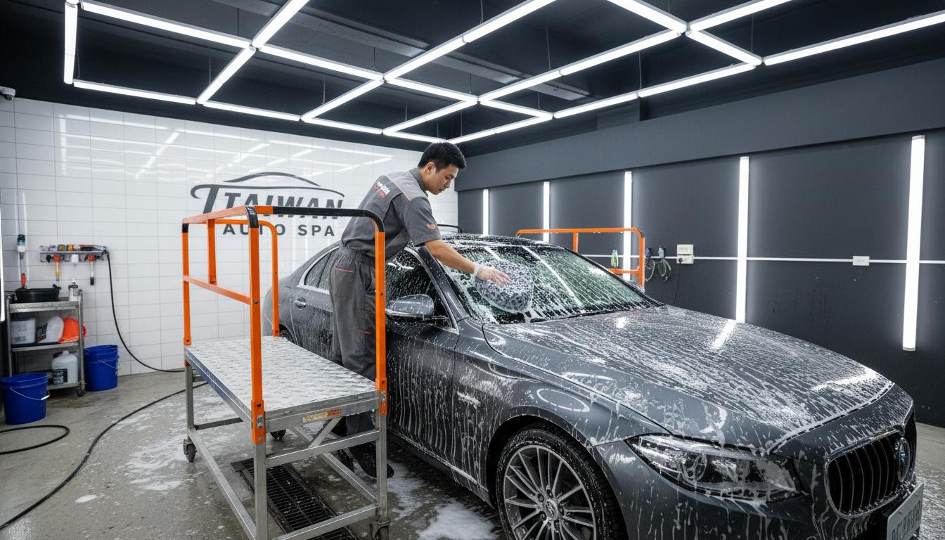 技師站在平台上手工清洗車頂