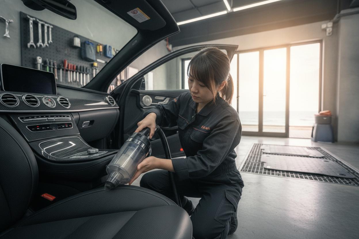 技師正在進行車內深層清潔作業