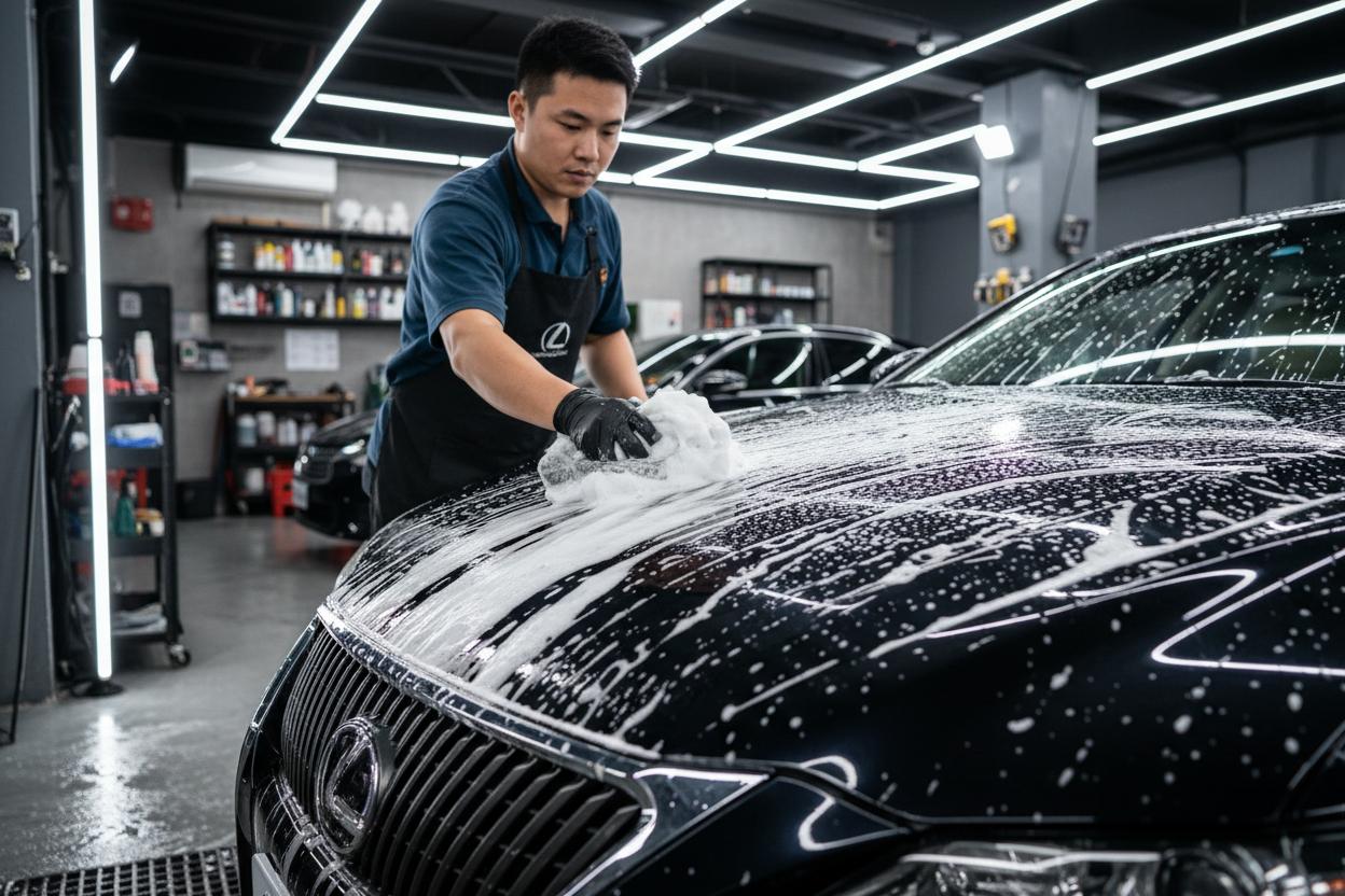 技師用羊毛手套在車身塗抹泡沫