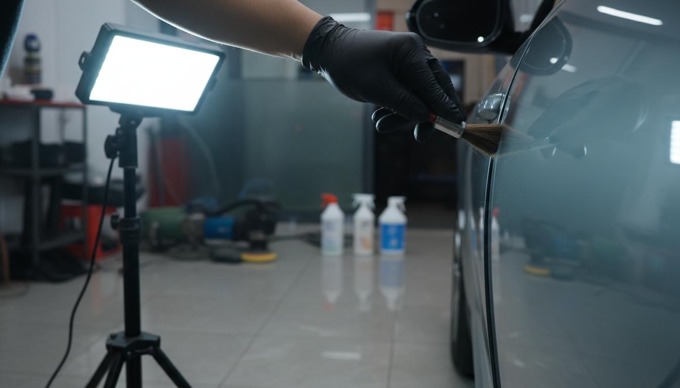 技師仔細清潔車門縫隙